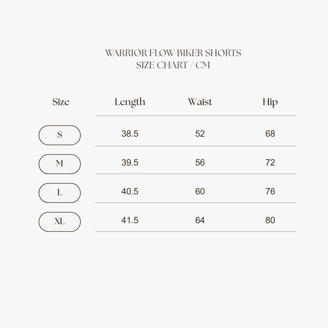Warrior Flow Biker Shorts Size Chart