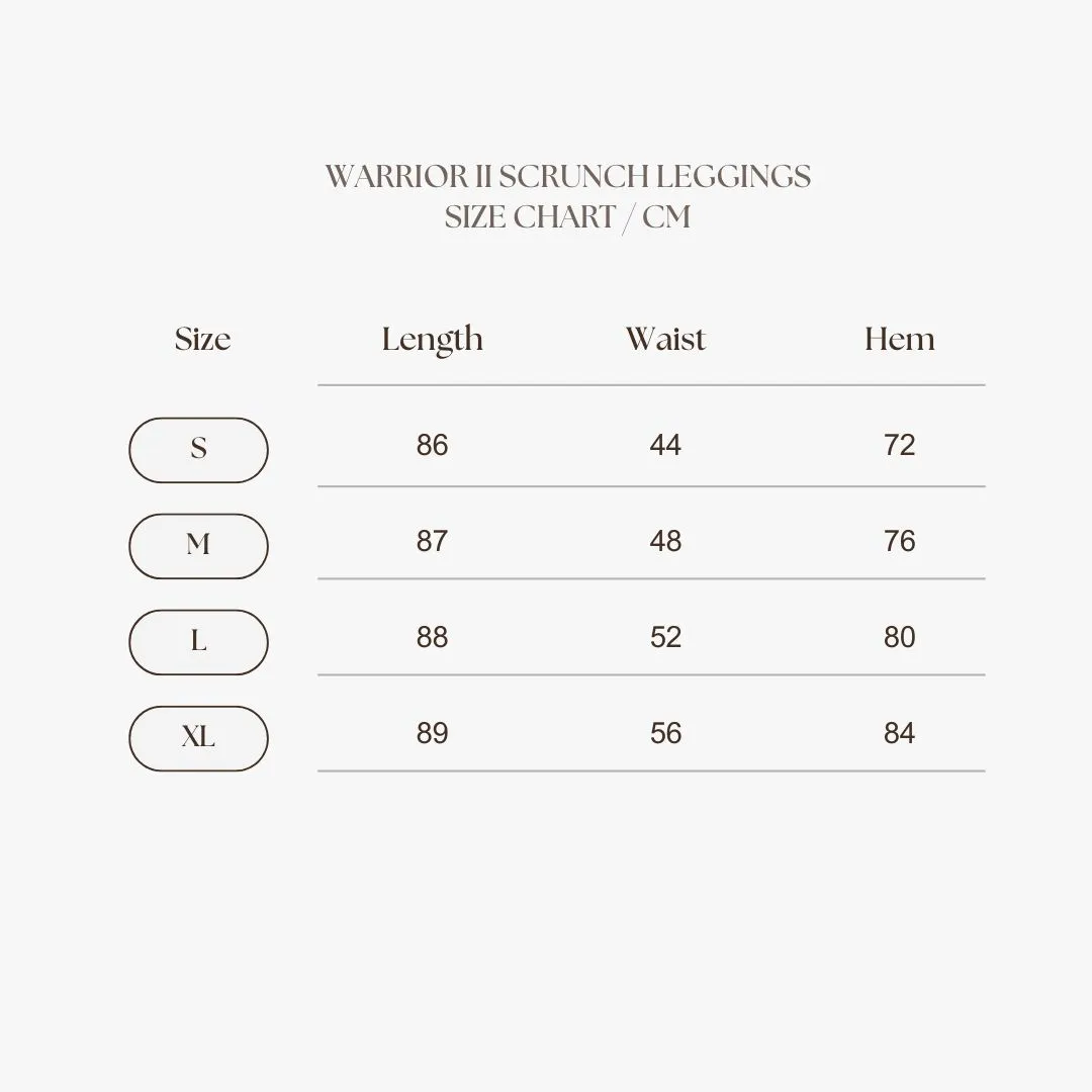 Warrior II Scrunch Leggings Size Chart